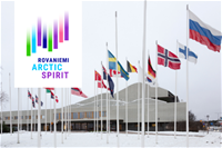 Rovaniemi Arctic Spirit logo on picture of flags flying in front of building