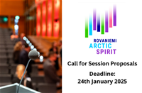 Image of a conference room with a microphone in the foreground and blurred audience in the background. Text on the right reads: Rovaniemi Arctic Spirit. Call for Session Proposals. Deadline: 24th January 2025.