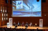 Speakers on the stage at Arctic Spirit Conference in the Korundi House of Culture in 2023.