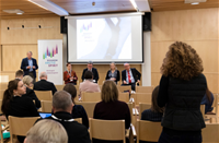 Speakers and audience at a panel discussion during the 2019 Rovaniemi Arctic Spirit Conference.